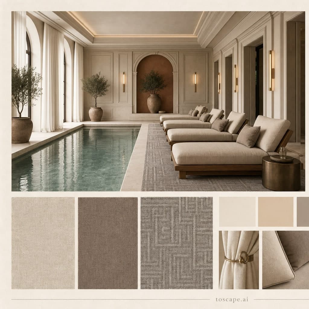 Neoclassic Earth Organic Pool Lounge — Matte interior moodboard card