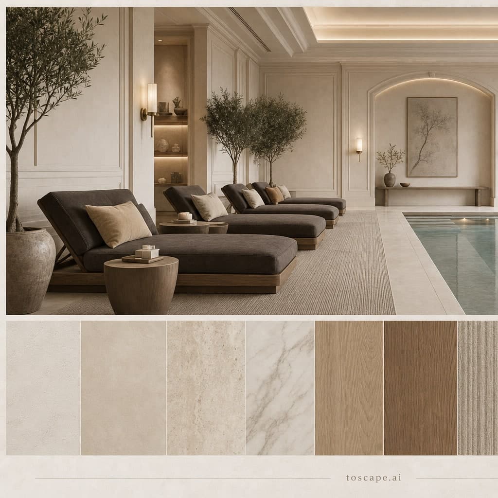 Neoclassic Light Luxury Pool Lounge — Brushed Metal interior moodboard card