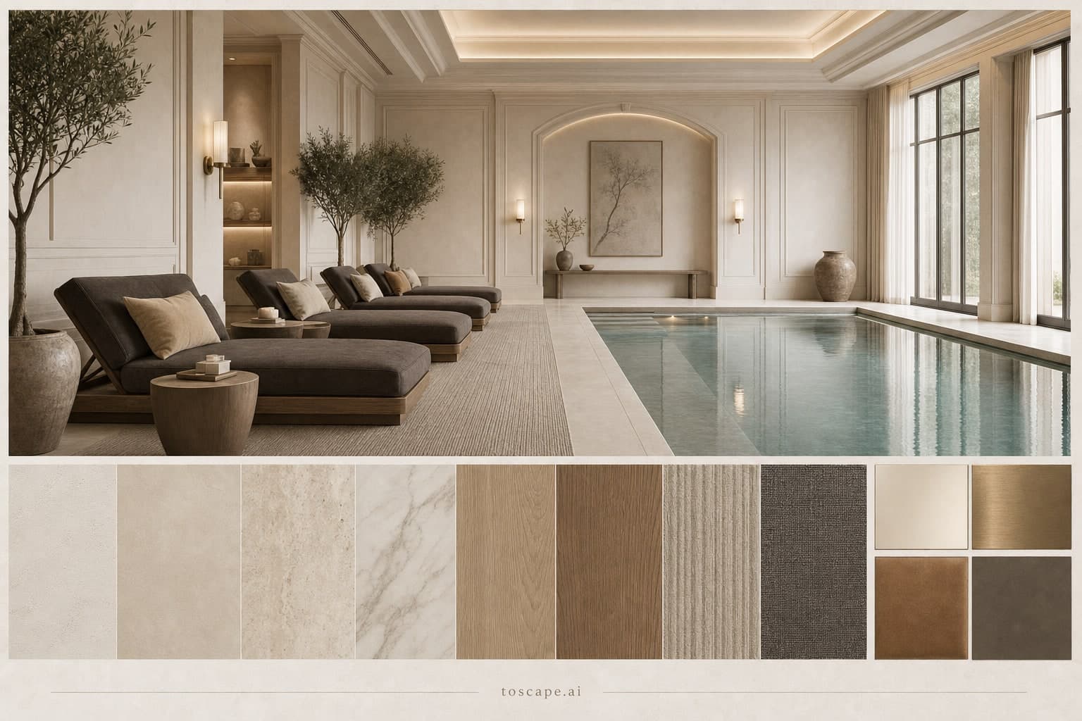 Neoclassic Light Luxury Pool Lounge — Brushed Metal interior moodboard plate