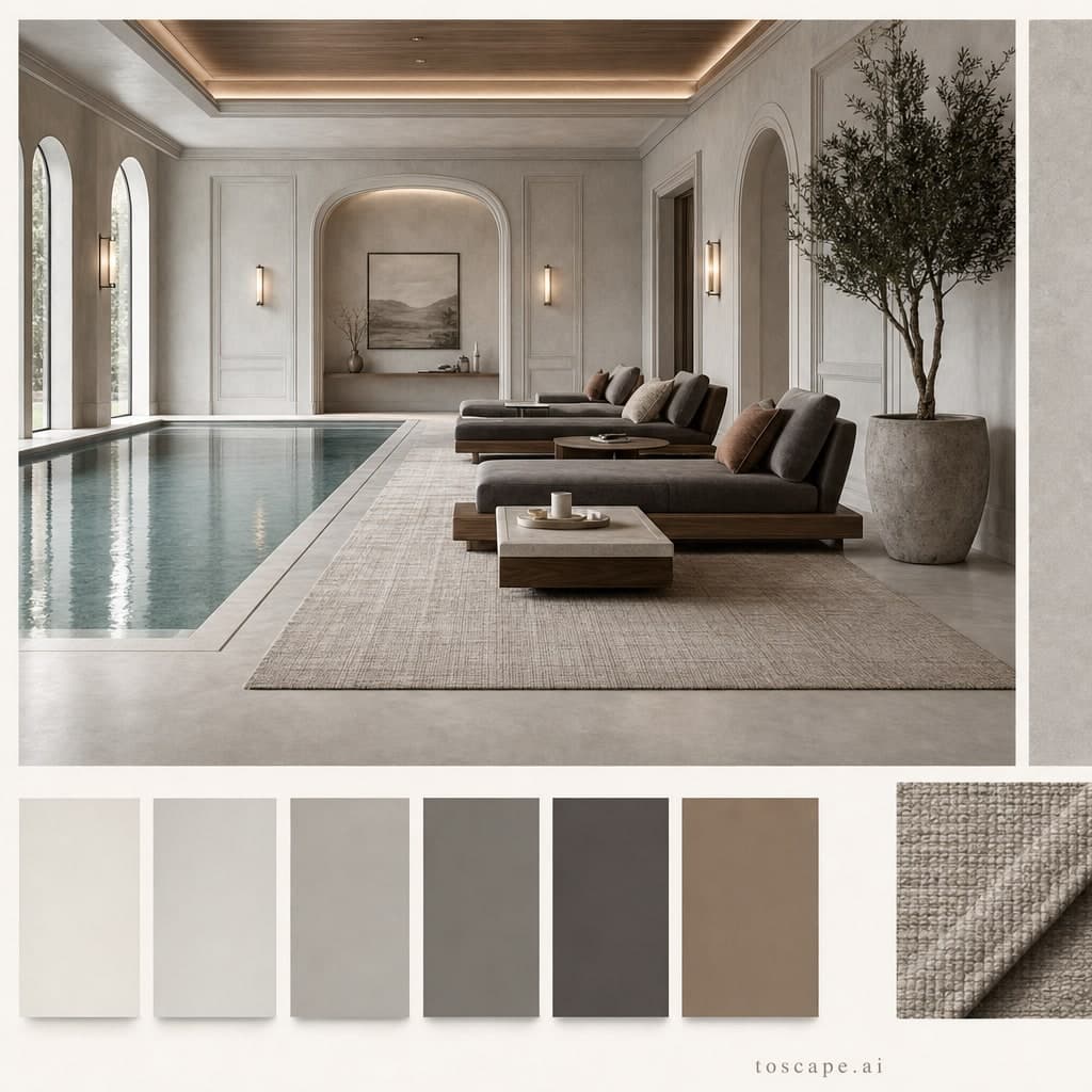 Neoclassic Cool Neutral Pool Lounge — Brushed Metal interior moodboard card
