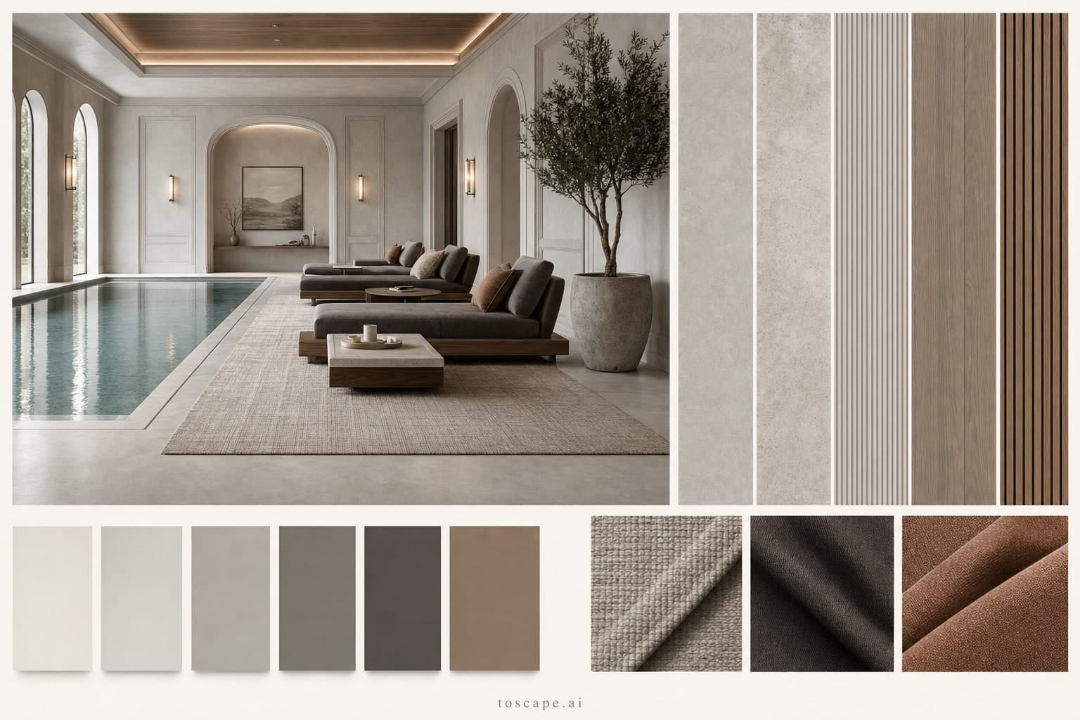Neoclassic Cool Neutral Pool Lounge — Brushed Metal interior moodboard plate