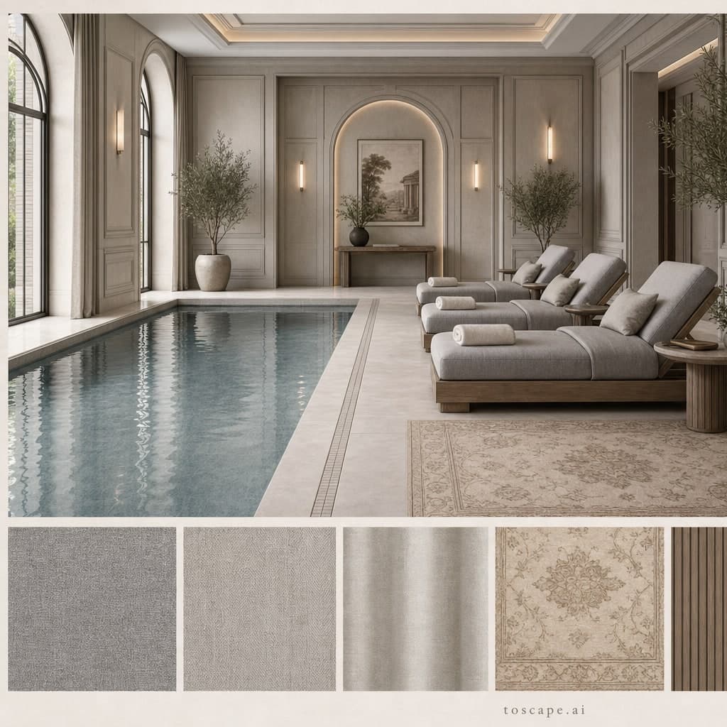 Neoclassic Cool Neutral Pool Lounge — Satin interior moodboard card