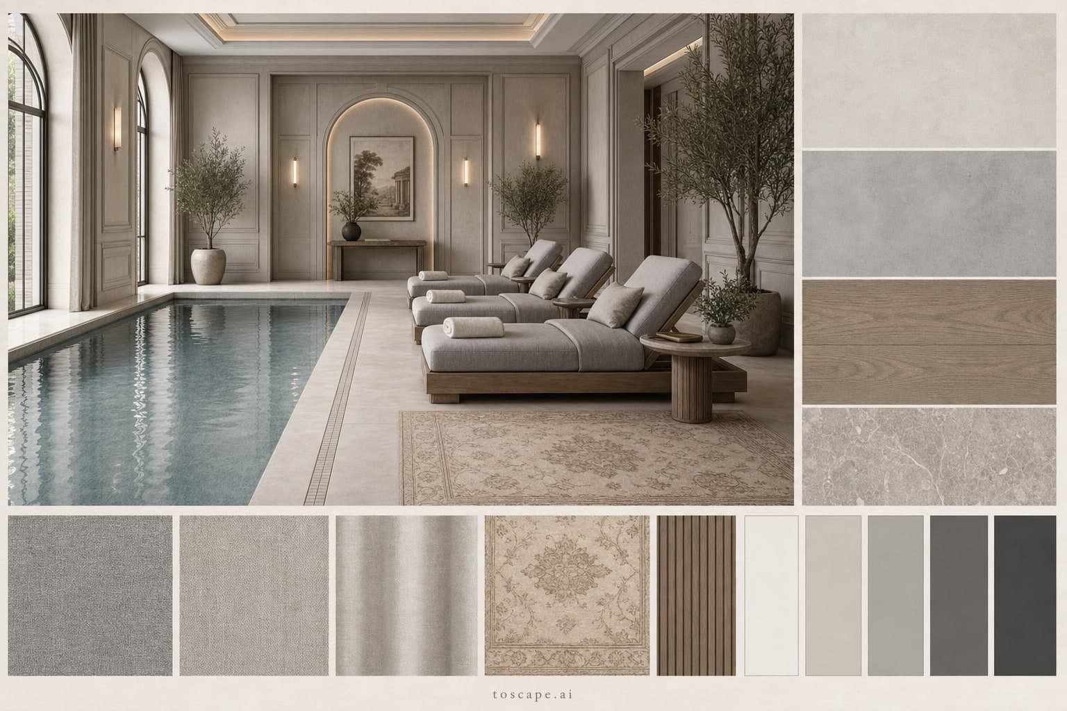 Neoclassic Cool Neutral Pool Lounge — Satin interior moodboard plate