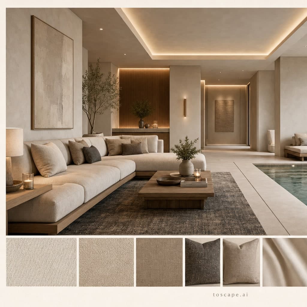Modern Light Luxury Pool Lounge — Brushed Metal interior moodboard card