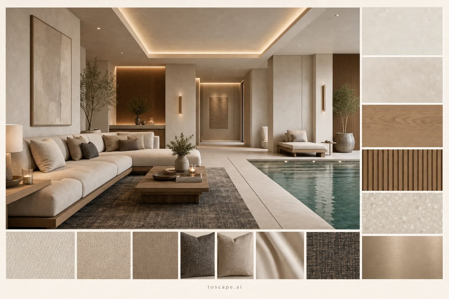Modern Light Luxury Pool Lounge — Brushed Metal interior moodboard plate