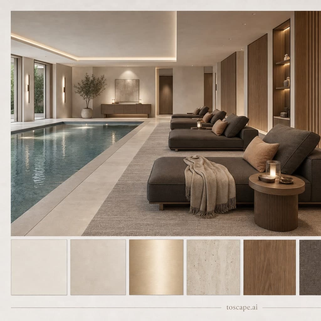 Modern Light Luxury Pool Lounge — Matte interior moodboard card