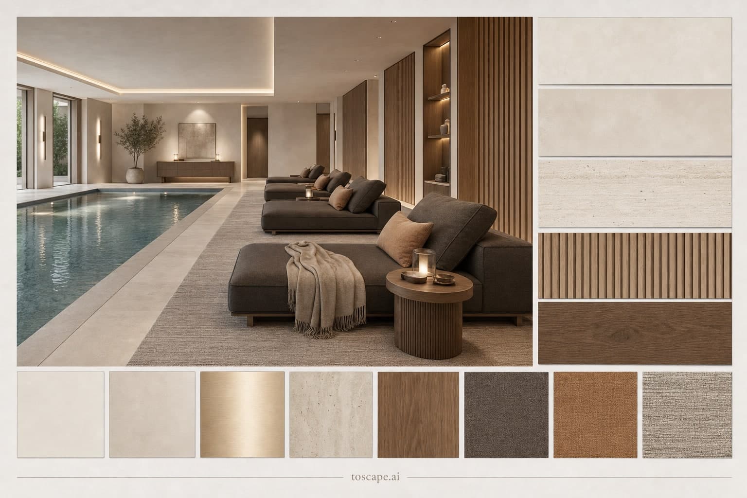 Modern Light Luxury Pool Lounge — Matte interior moodboard plate