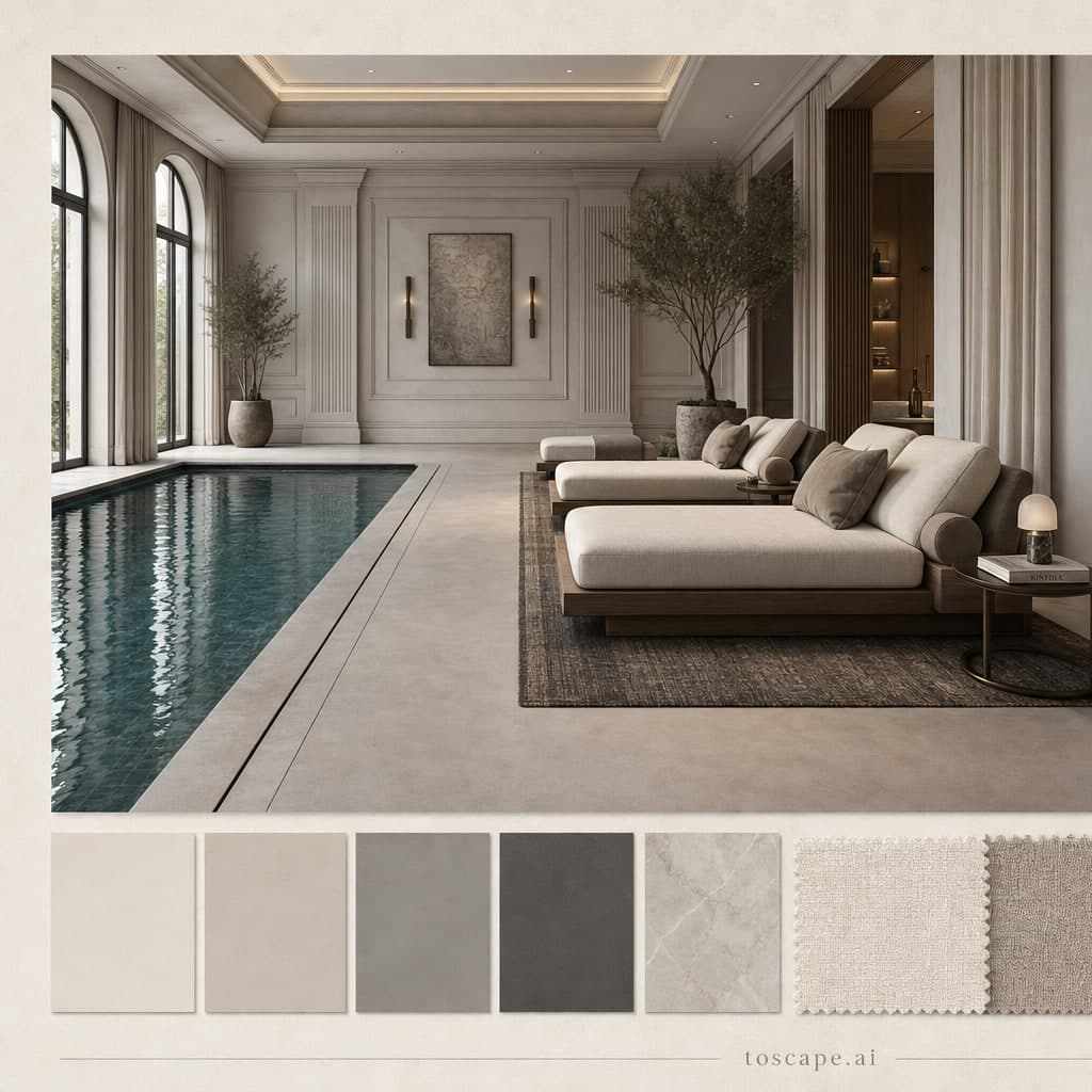 Neoclassic Cool Neutral Pool Lounge — Honed Stone interior moodboard card