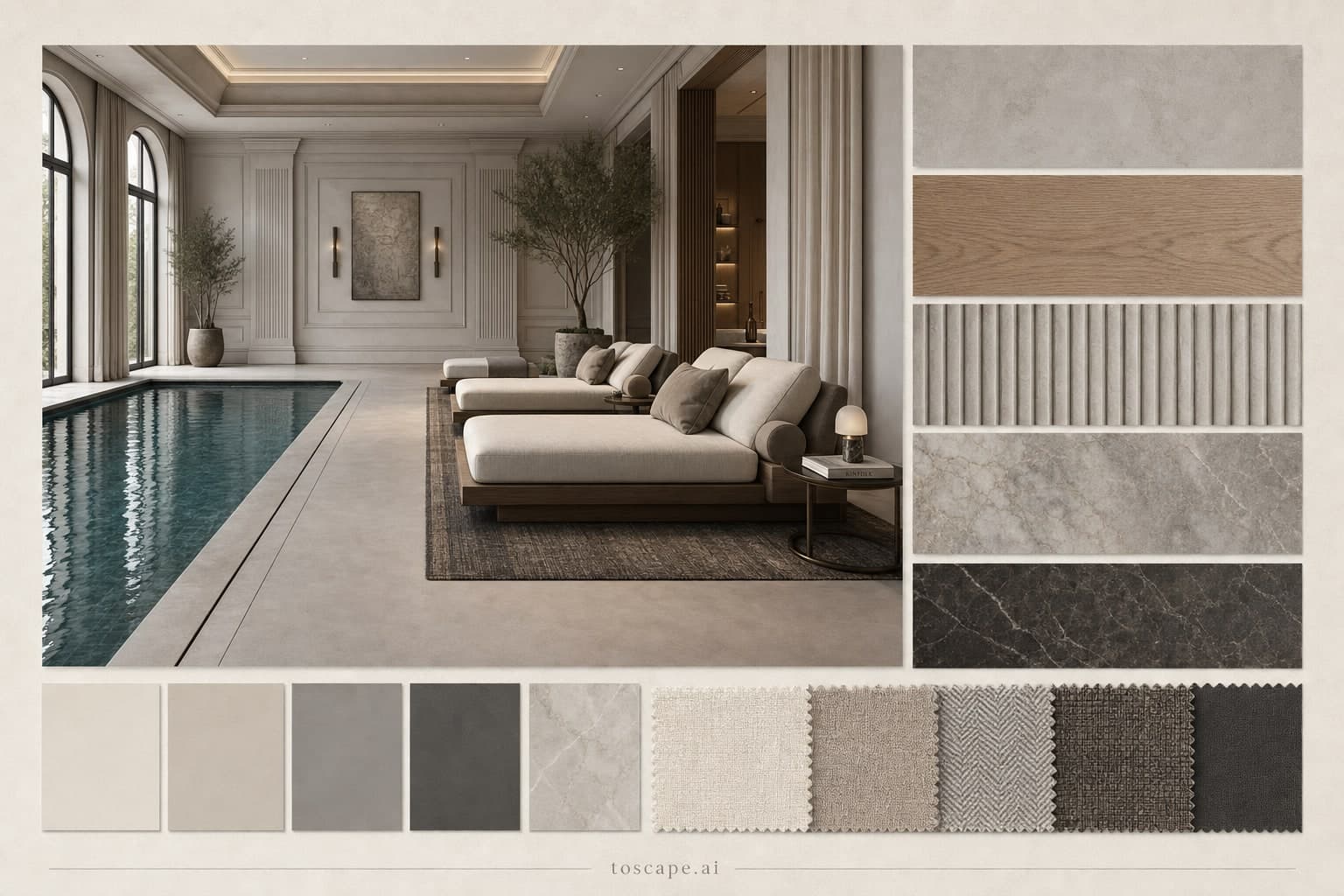 Neoclassic Cool Neutral Pool Lounge — Honed Stone interior moodboard plate