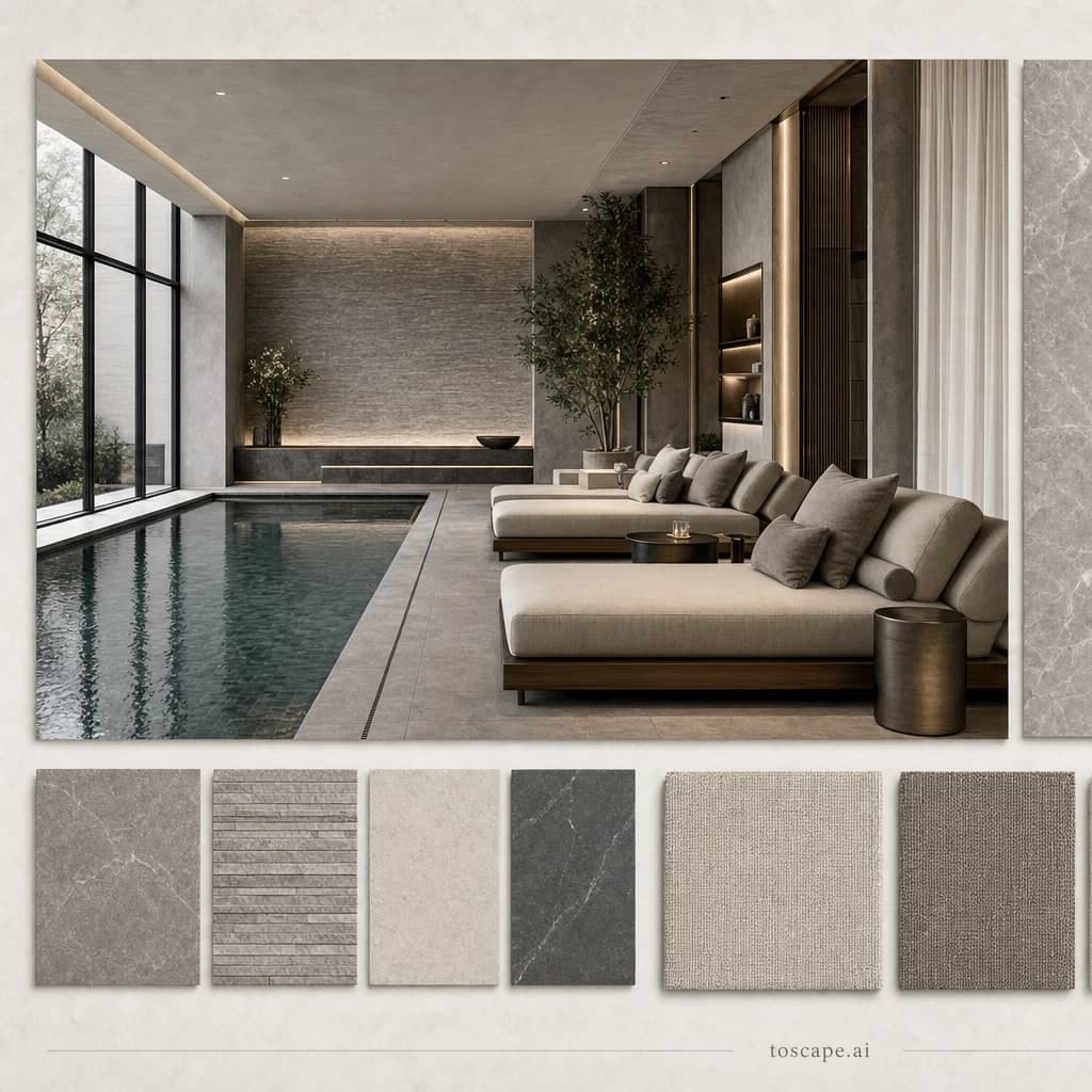 Modern Cool Neutral Pool Lounge — Satin interior moodboard card