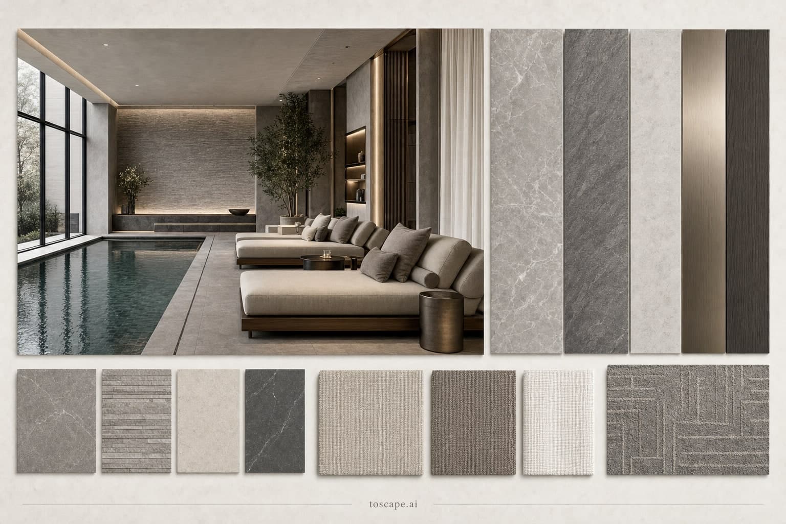 Modern Cool Neutral Pool Lounge — Satin interior moodboard plate