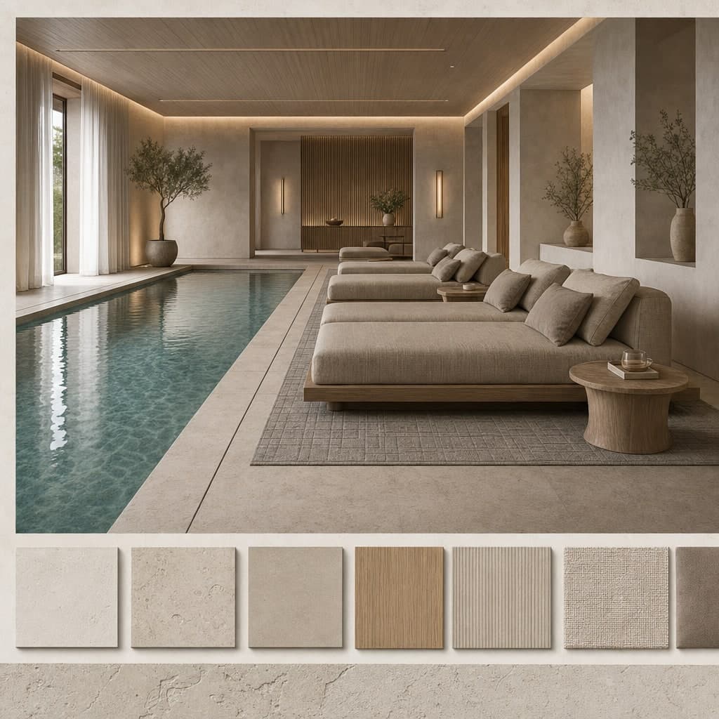 Modern Warm Neutral Pool Lounge — Satin interior moodboard card