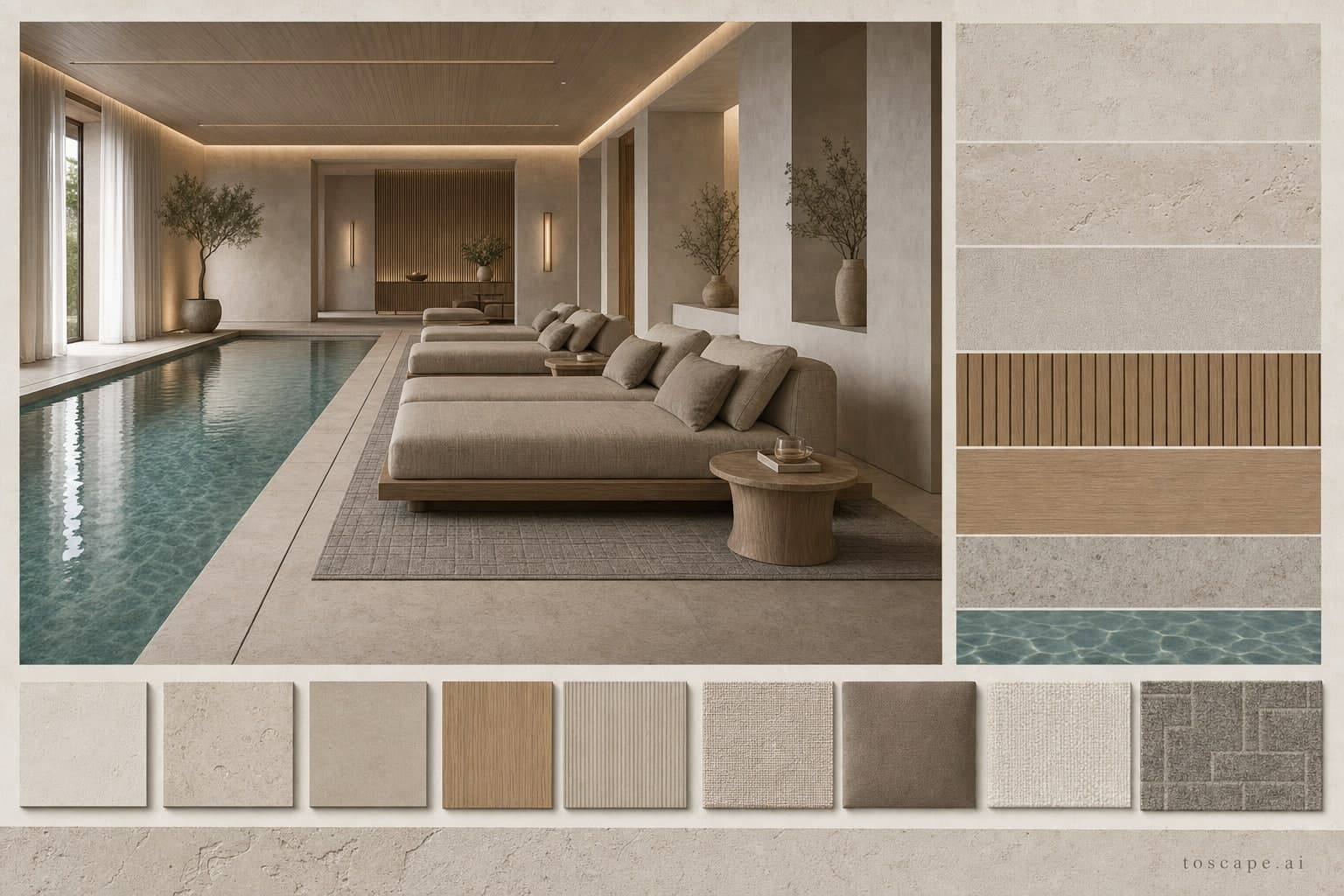 Modern Warm Neutral Pool Lounge — Satin interior moodboard plate