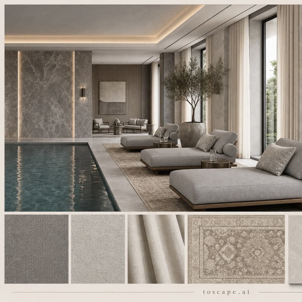 Modern Cool Neutral Pool Lounge — Honed Stone interior moodboard card