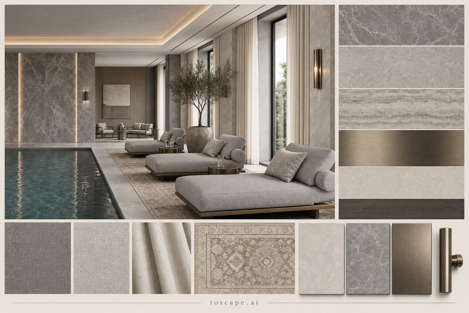 Modern Cool Neutral Pool Lounge — Honed Stone interior moodboard plate
