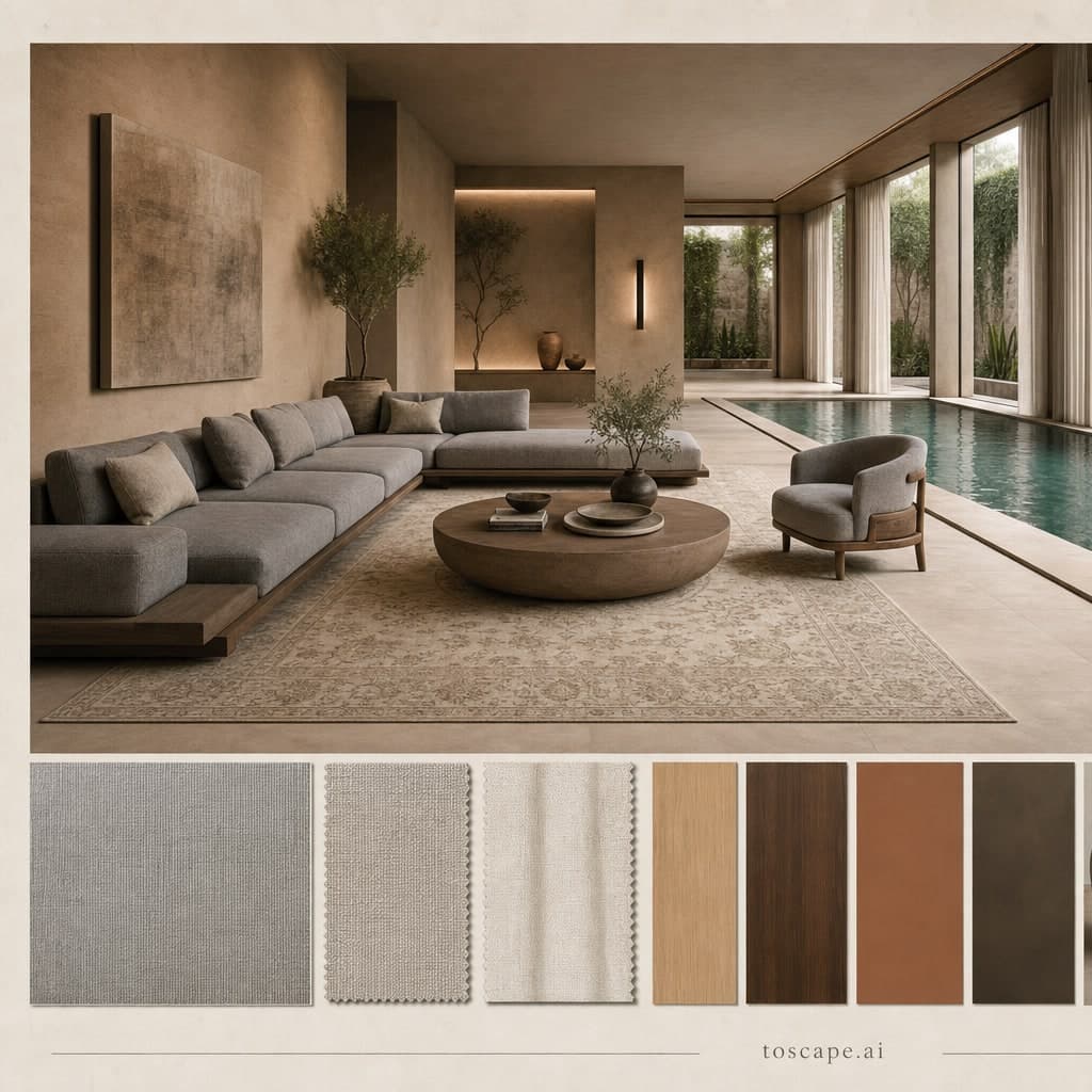 Modern Earth Organic Pool Lounge — Honed Stone interior moodboard card