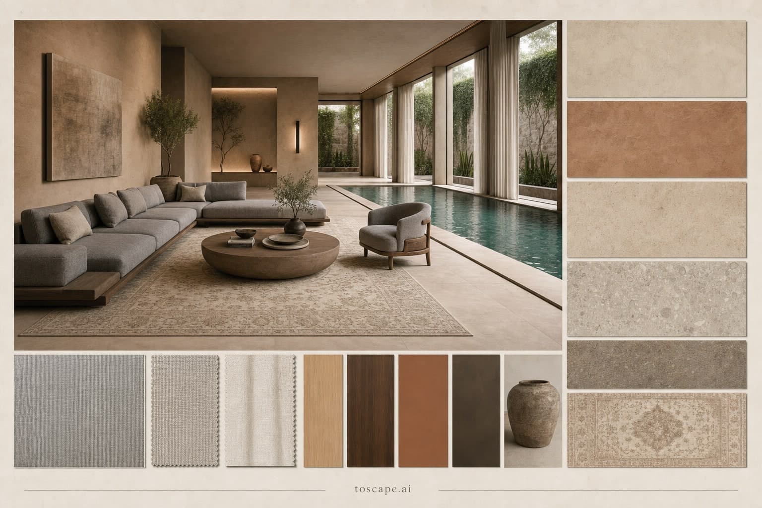 Modern Earth Organic Pool Lounge — Honed Stone interior moodboard plate
