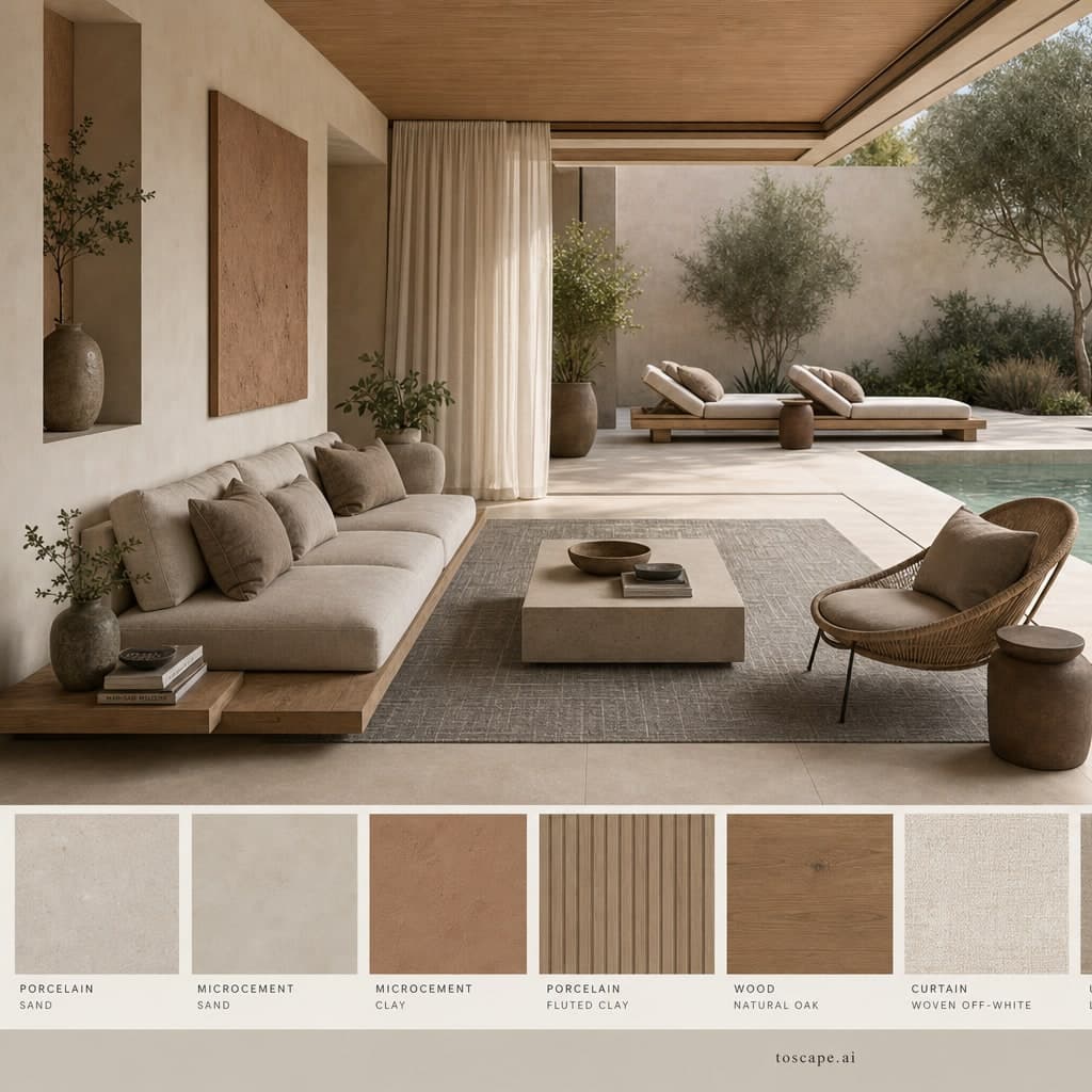 Modern Earth Organic Pool Lounge — Satin interior moodboard card