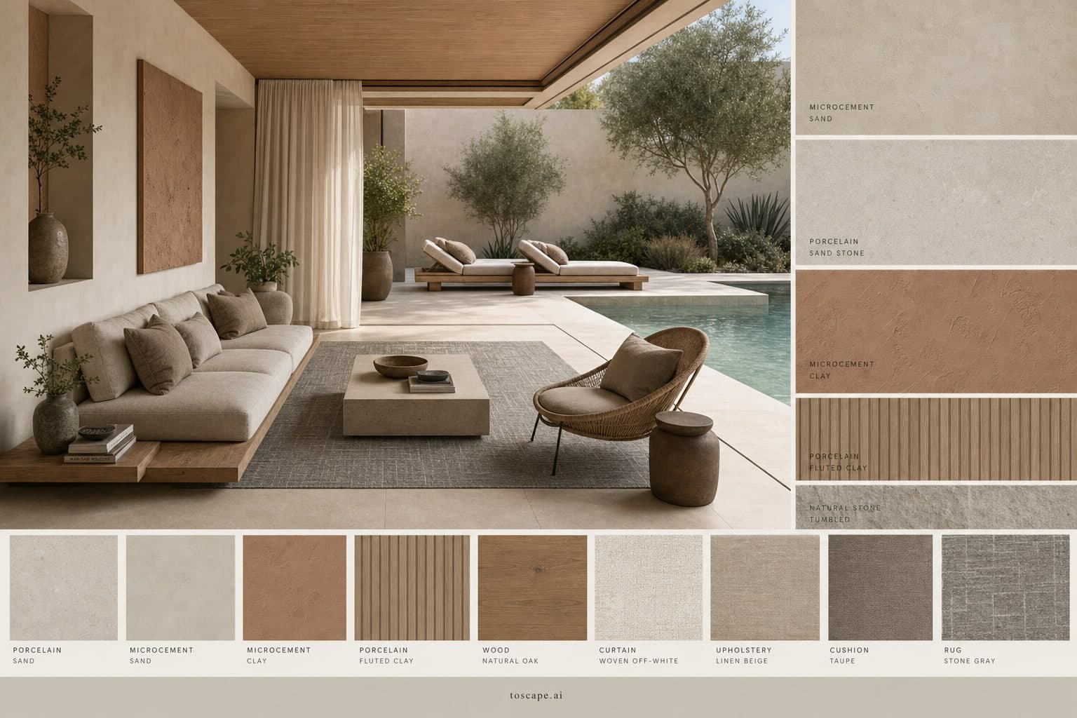 Modern Earth Organic Pool Lounge — Satin interior moodboard plate