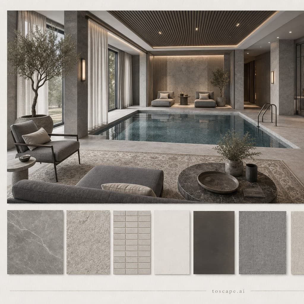 Modern Cool Neutral Pool Lounge — Honed Stone interior moodboard card