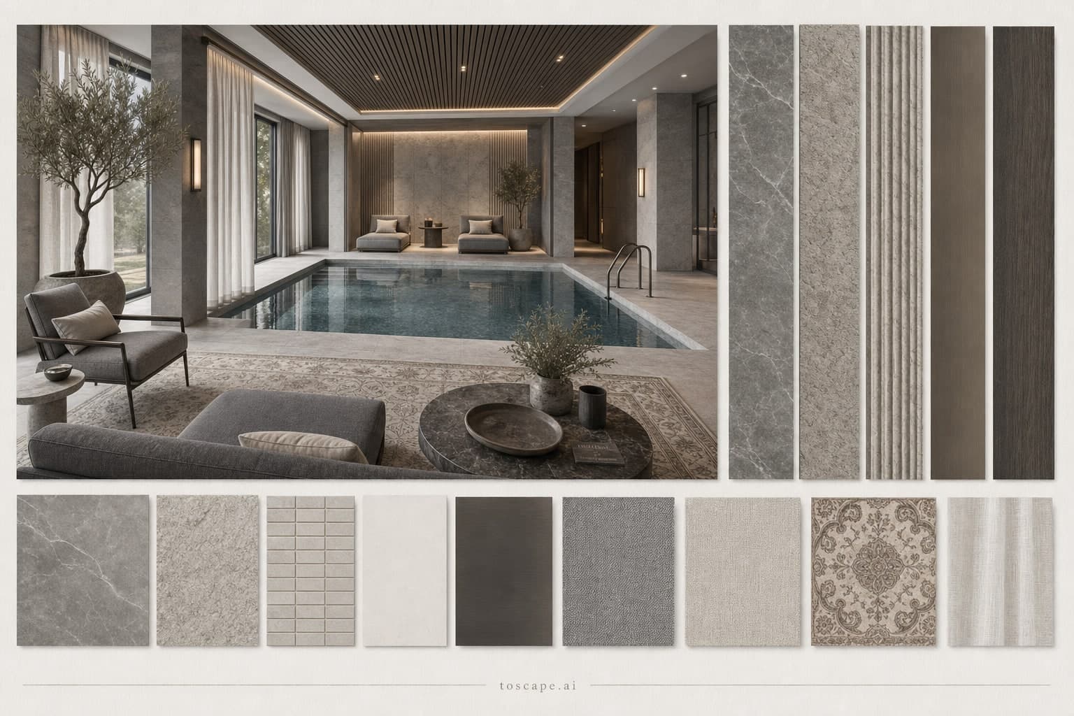 Modern Cool Neutral Pool Lounge — Honed Stone interior moodboard plate