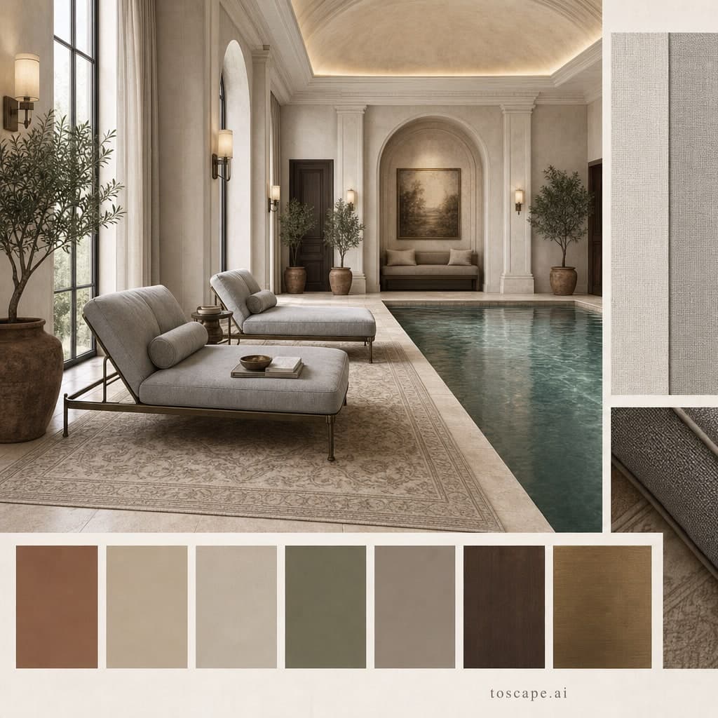 Neoclassic Earth Organic Pool Lounge — Satin interior moodboard card