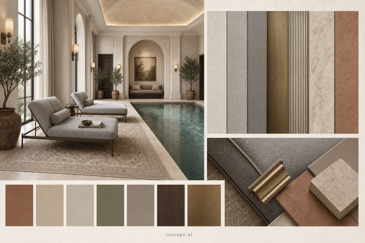 Neoclassic Earth Organic Pool Lounge — Satin interior moodboard plate