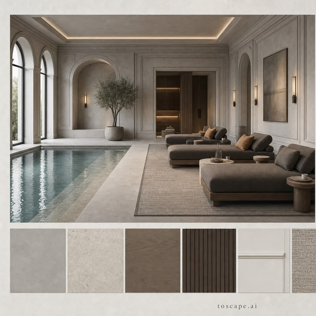 Neoclassic Cool Neutral Pool Lounge — Brushed Metal interior moodboard card