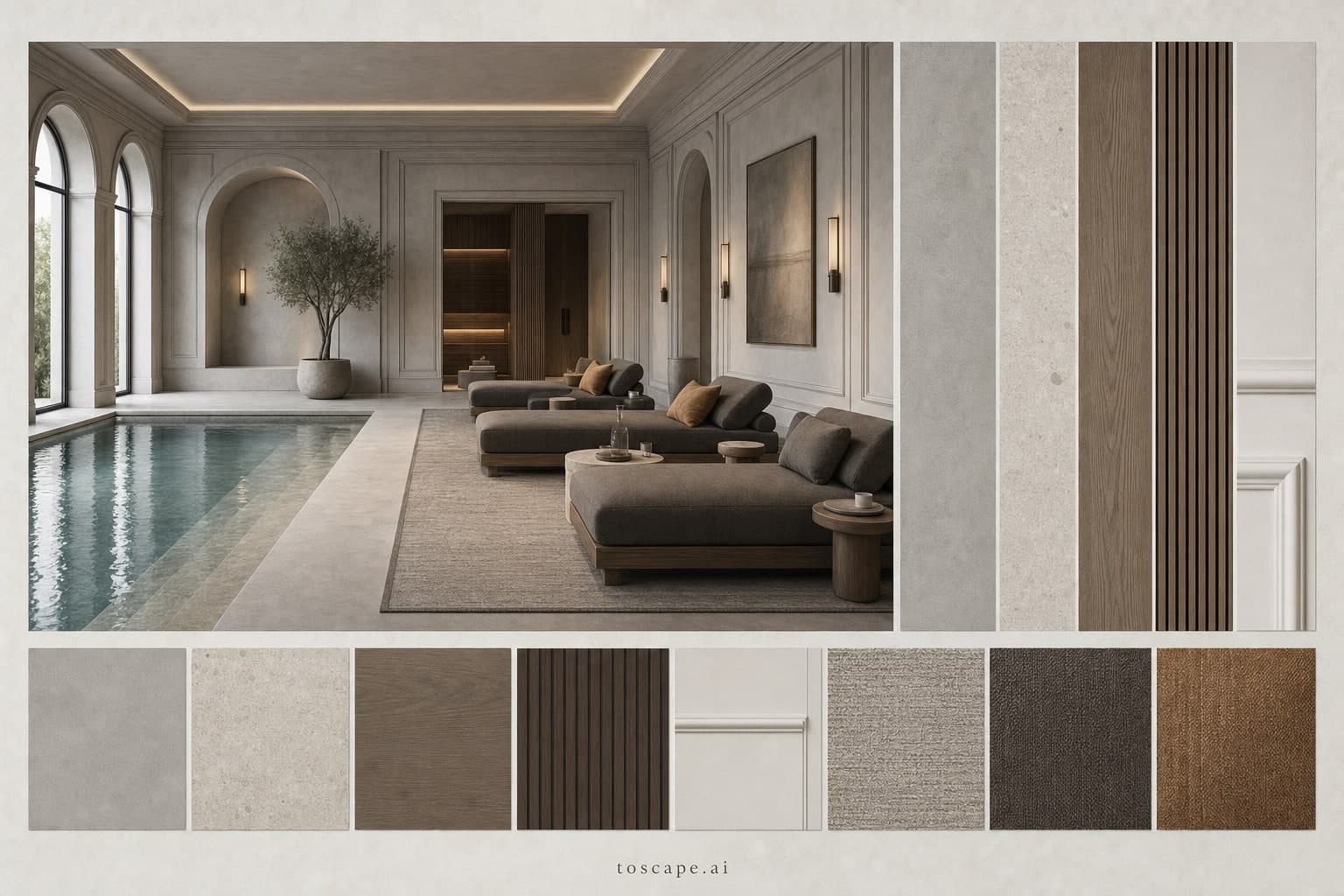 Neoclassic Cool Neutral Pool Lounge — Brushed Metal interior moodboard plate