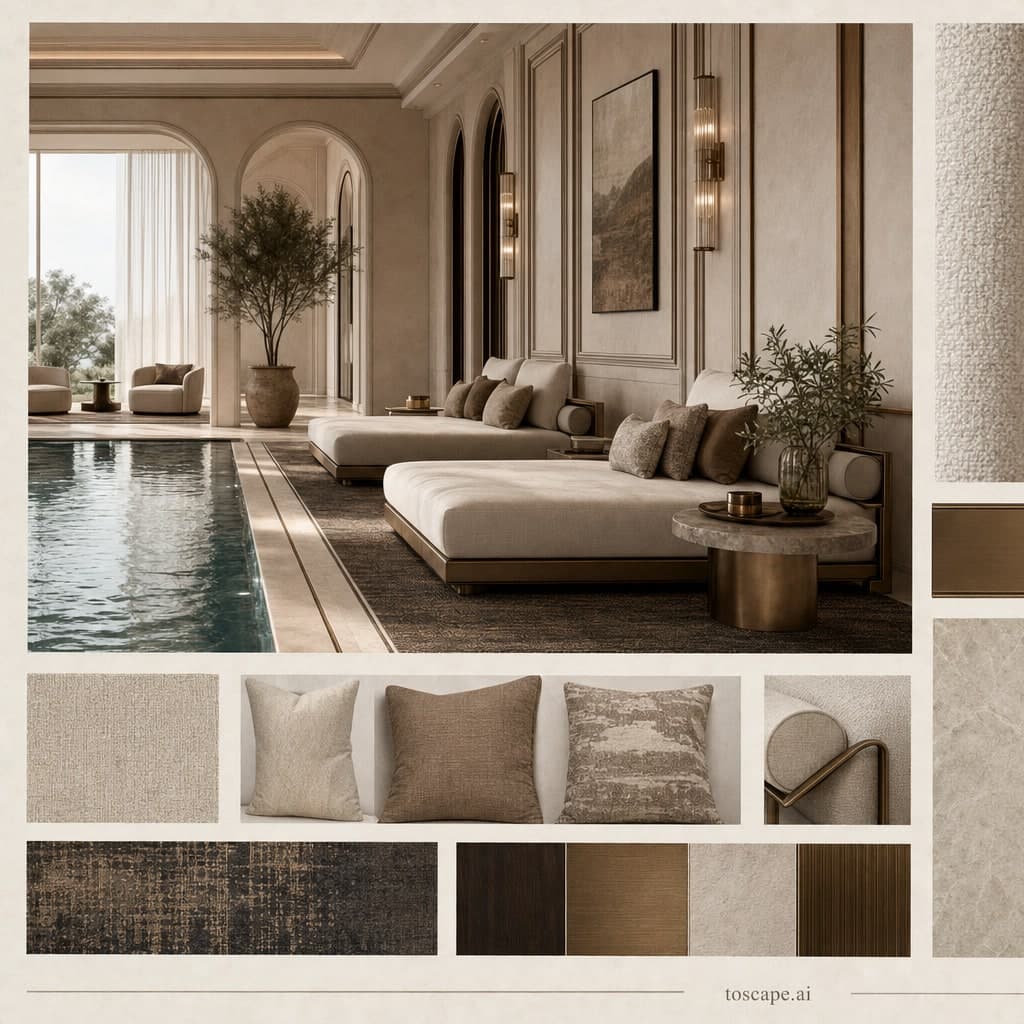 Neoclassic Earth Organic Pool Lounge — Honed Stone interior moodboard card