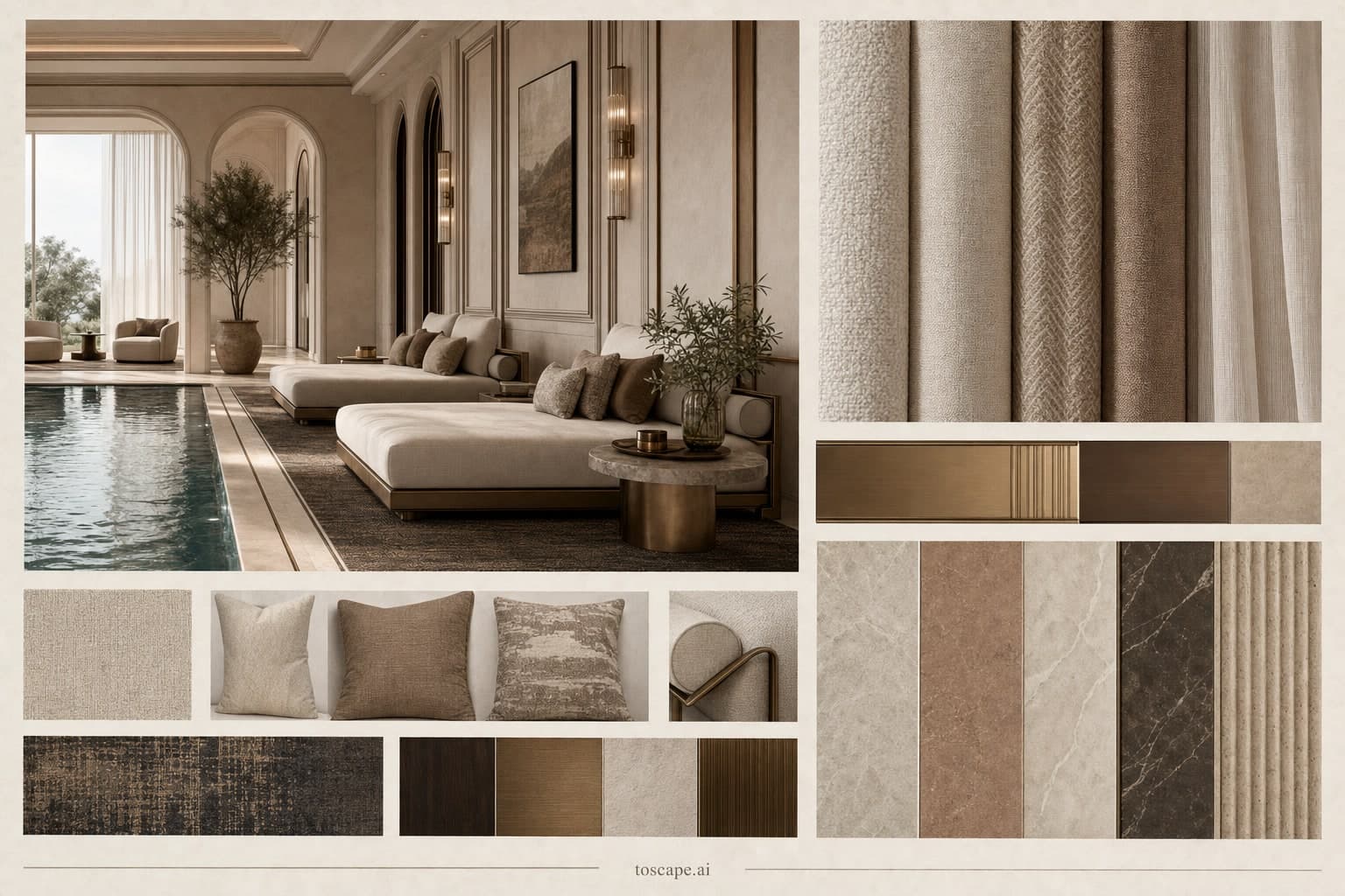 Neoclassic Earth Organic Pool Lounge — Honed Stone interior moodboard plate