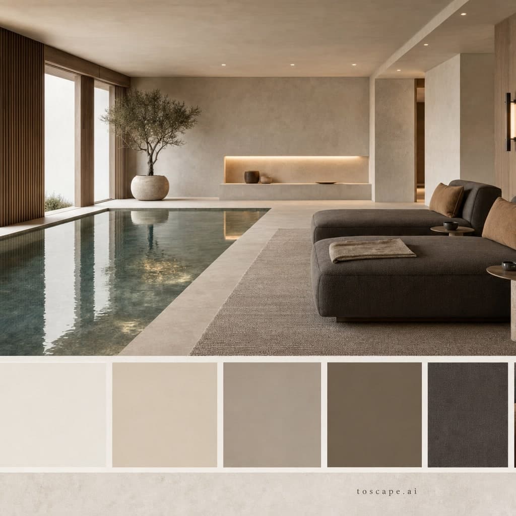 Modern Warm Neutral Pool Lounge — Matte interior moodboard card