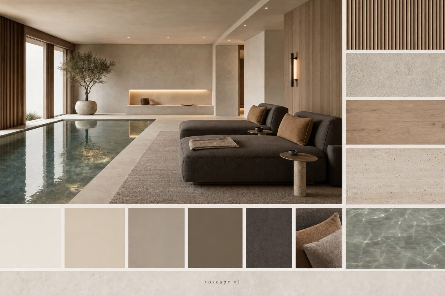 Modern Warm Neutral Pool Lounge — Matte interior moodboard plate