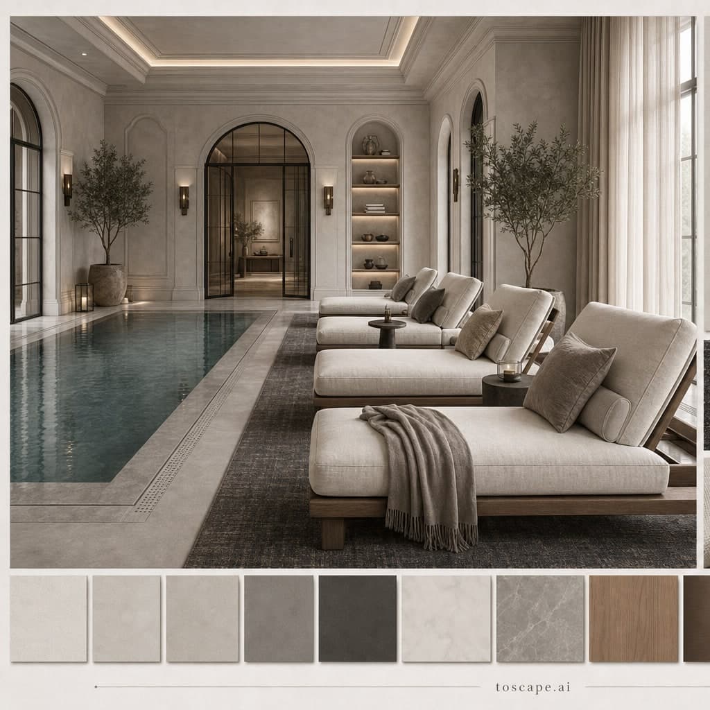 Neoclassic Cool Neutral Pool Lounge — Honed Stone interior moodboard card