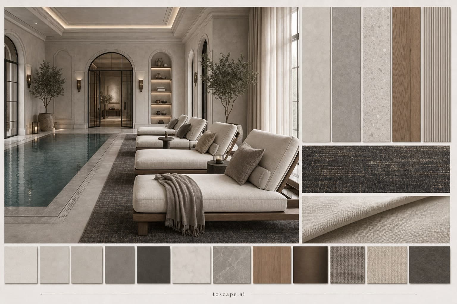 Neoclassic Cool Neutral Pool Lounge — Honed Stone interior moodboard plate