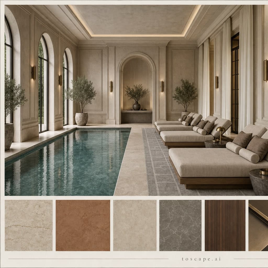 Neoclassic Earth Organic Pool Lounge — Matte interior moodboard card