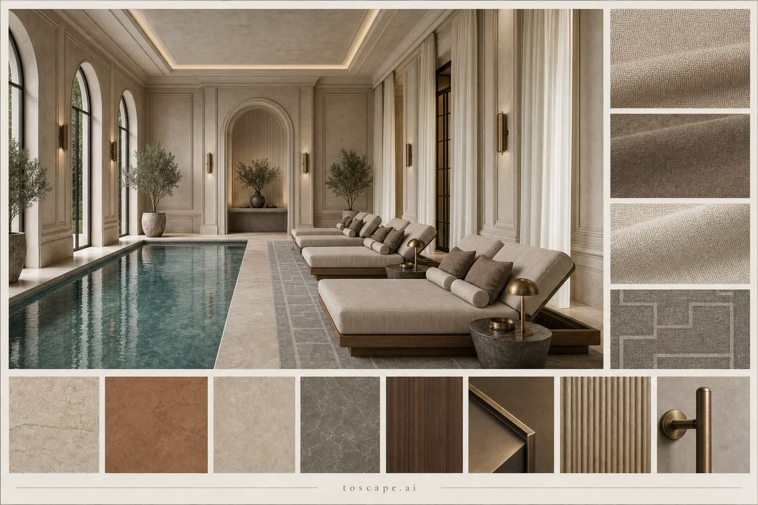 Neoclassic Earth Organic Pool Lounge — Matte interior moodboard plate