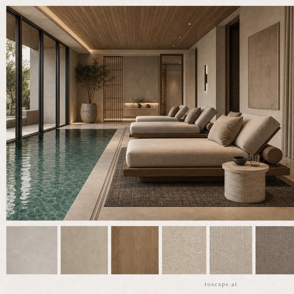 Modern Warm Neutral Pool Lounge — Brushed Metal interior moodboard card