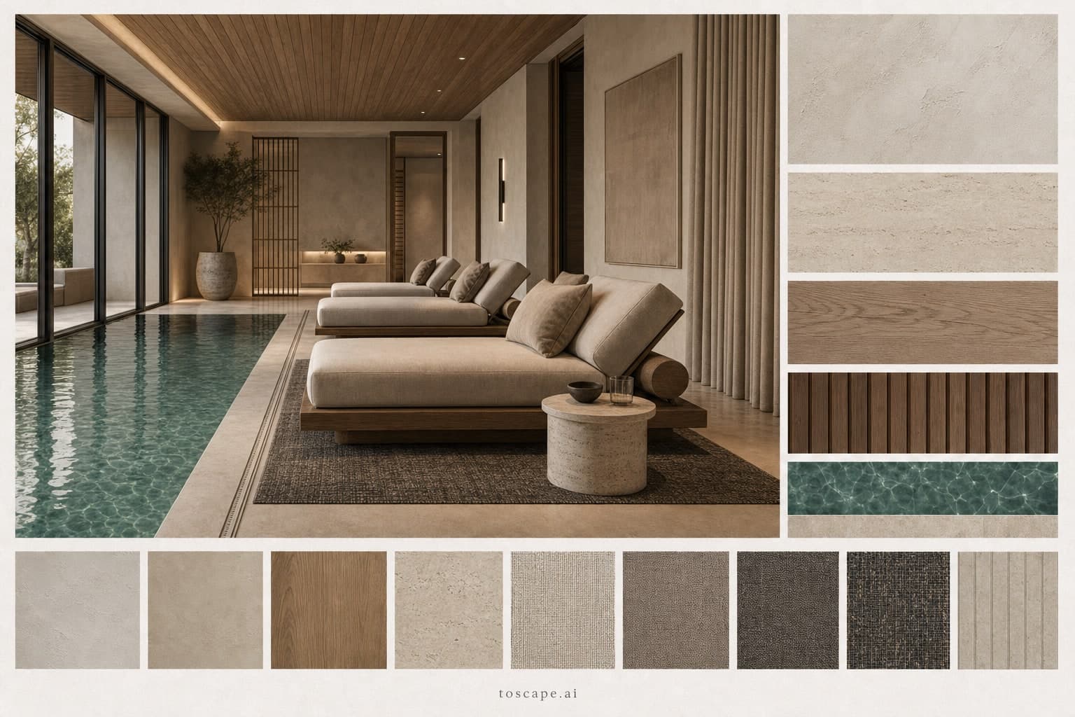 Modern Warm Neutral Pool Lounge — Brushed Metal interior moodboard plate