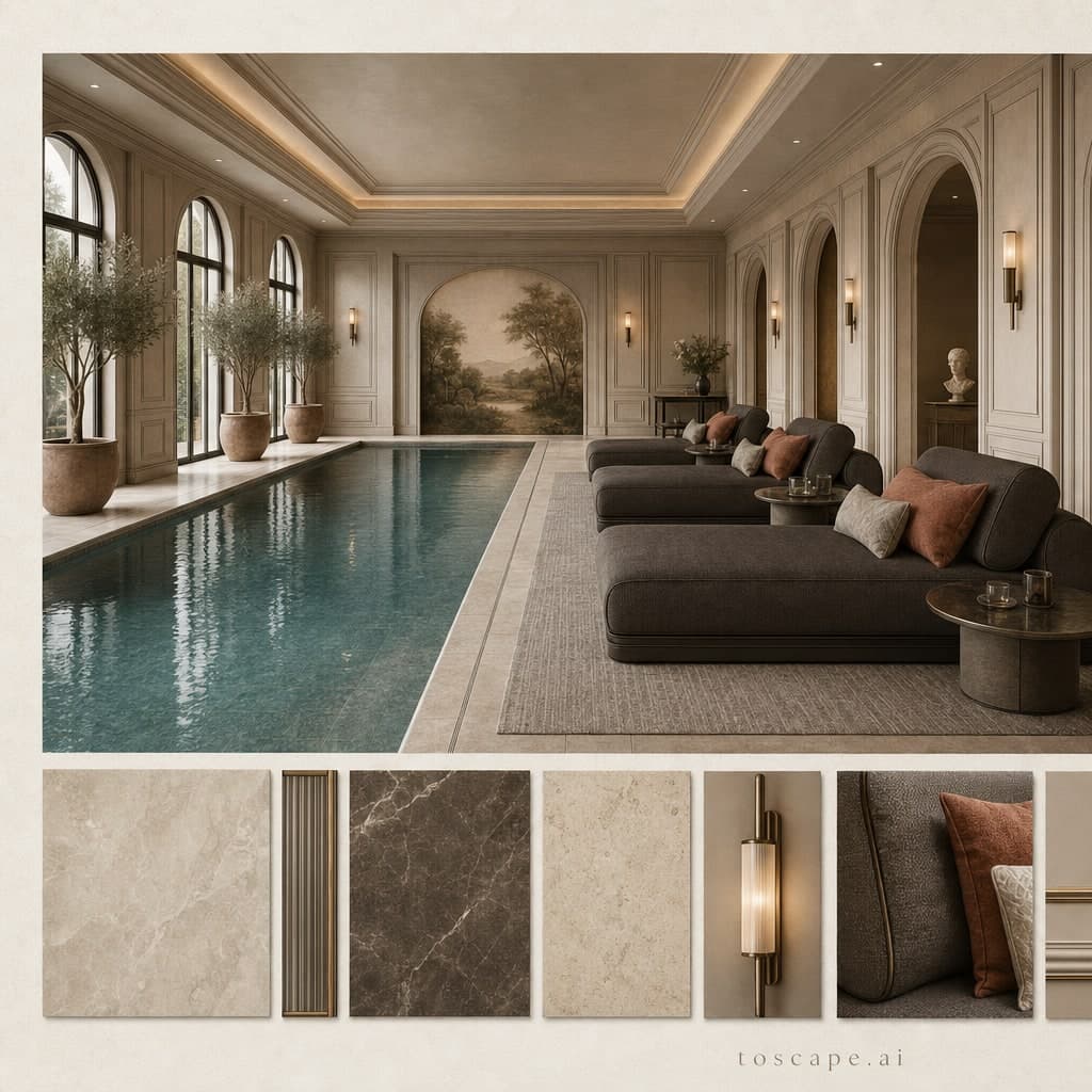 Neoclassic Earth Organic Pool Lounge — Brushed Metal interior moodboard card