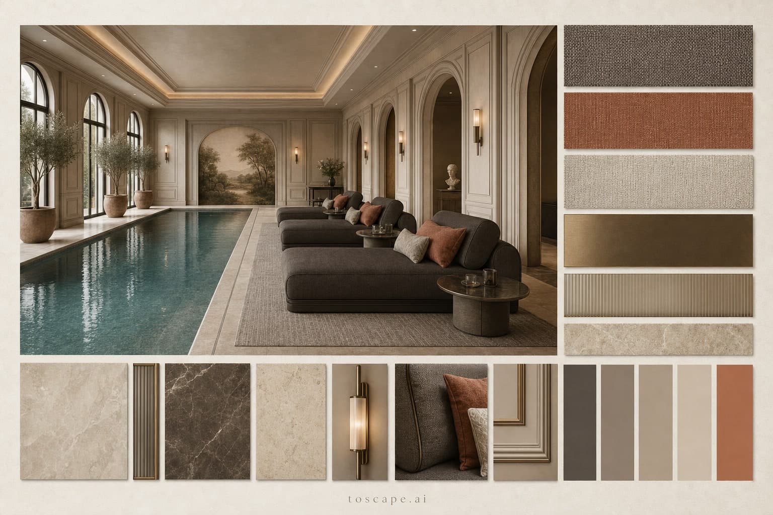 Neoclassic Earth Organic Pool Lounge — Brushed Metal interior moodboard plate