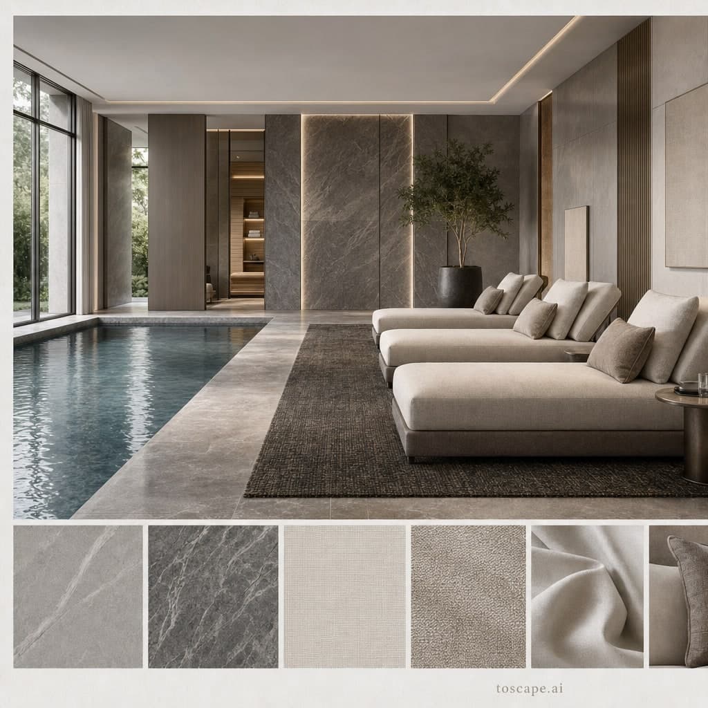 Modern Cool Neutral Pool Lounge — Brushed Metal interior moodboard card