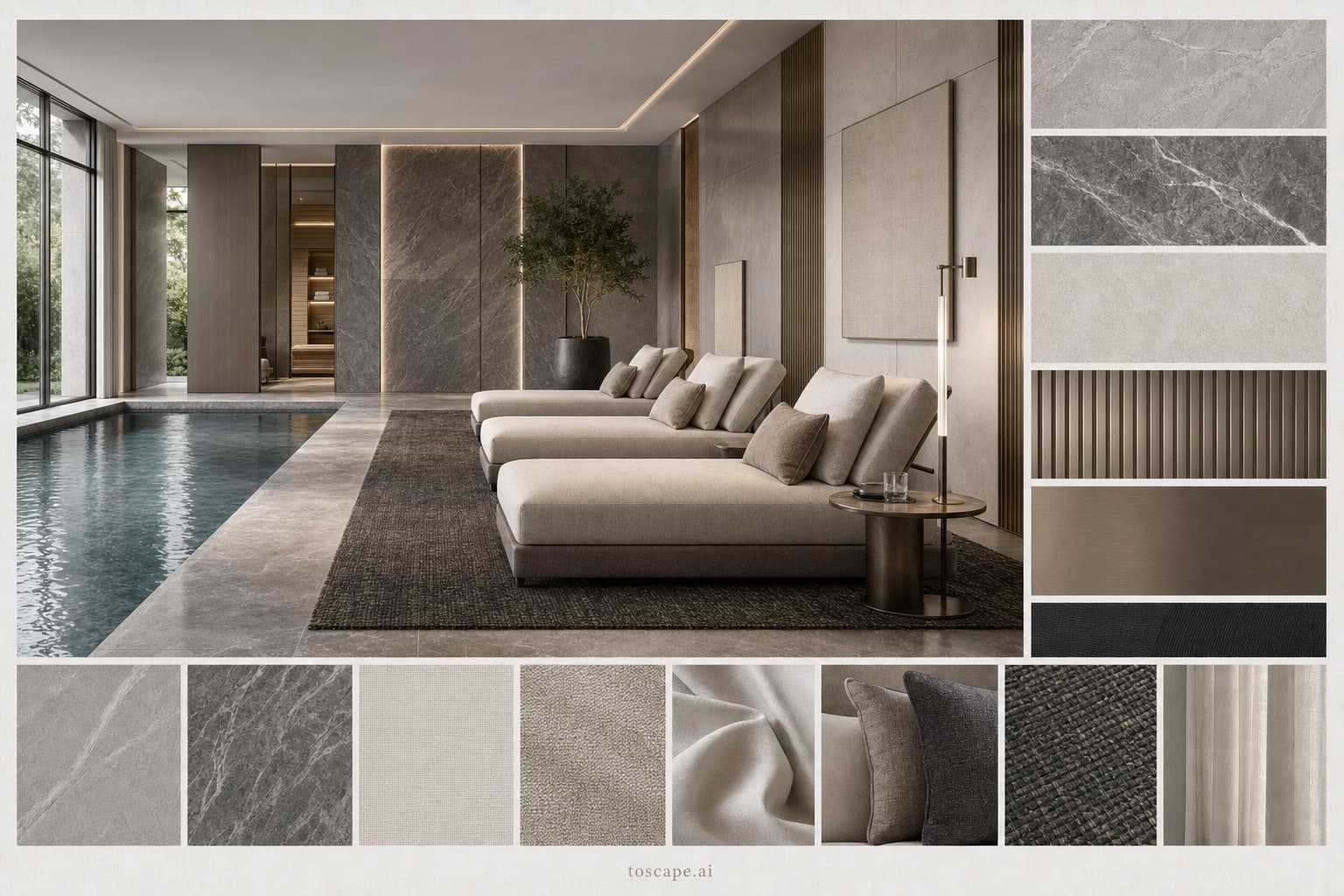 Modern Cool Neutral Pool Lounge — Brushed Metal interior moodboard plate