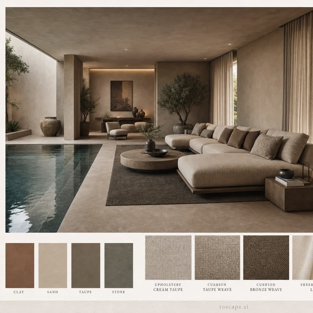 Modern Earth Organic Pool Lounge — Brushed Metal interior moodboard card