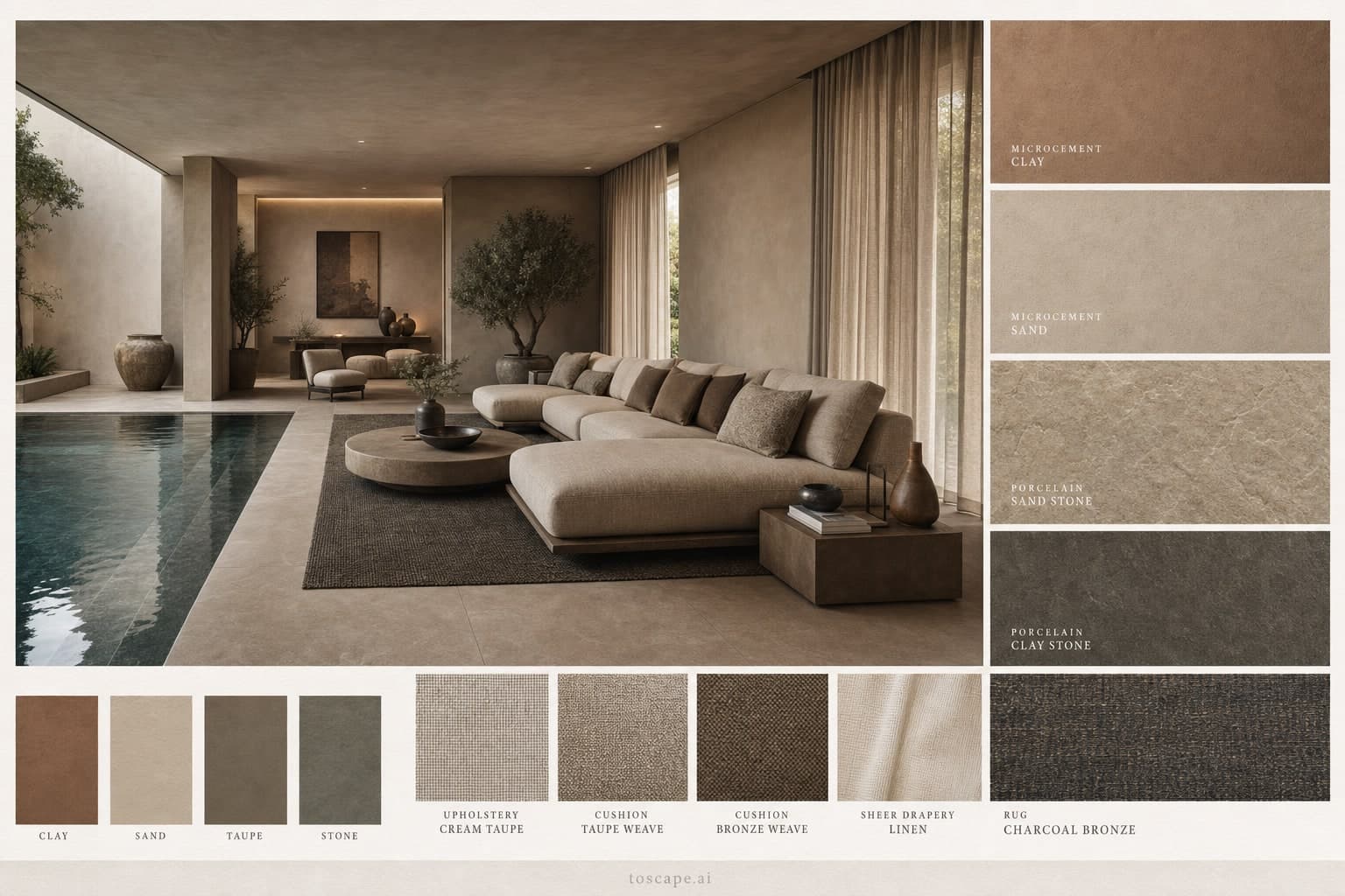 Modern Earth Organic Pool Lounge — Brushed Metal interior moodboard plate
