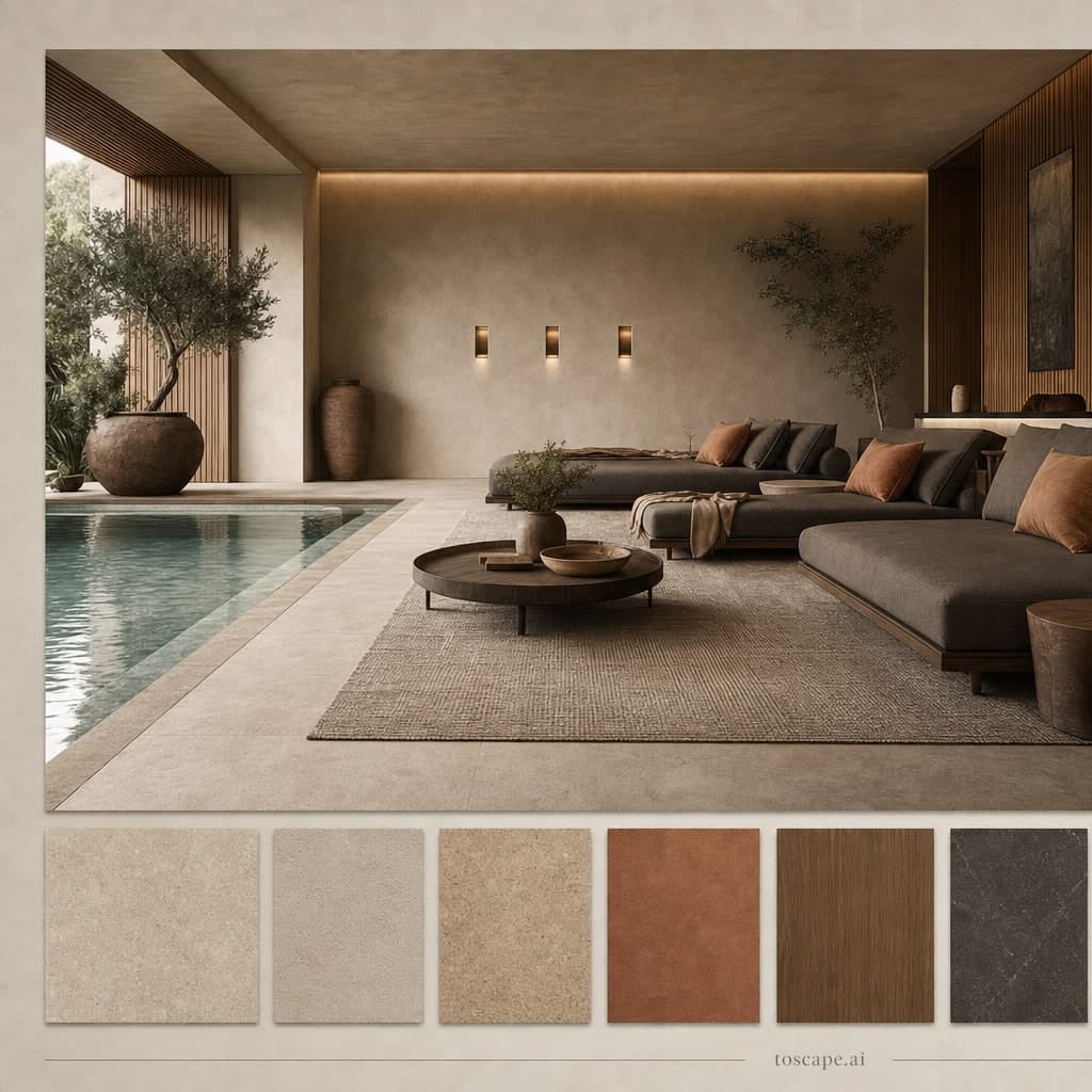 Modern Earth Organic Pool Lounge — Matte interior moodboard card