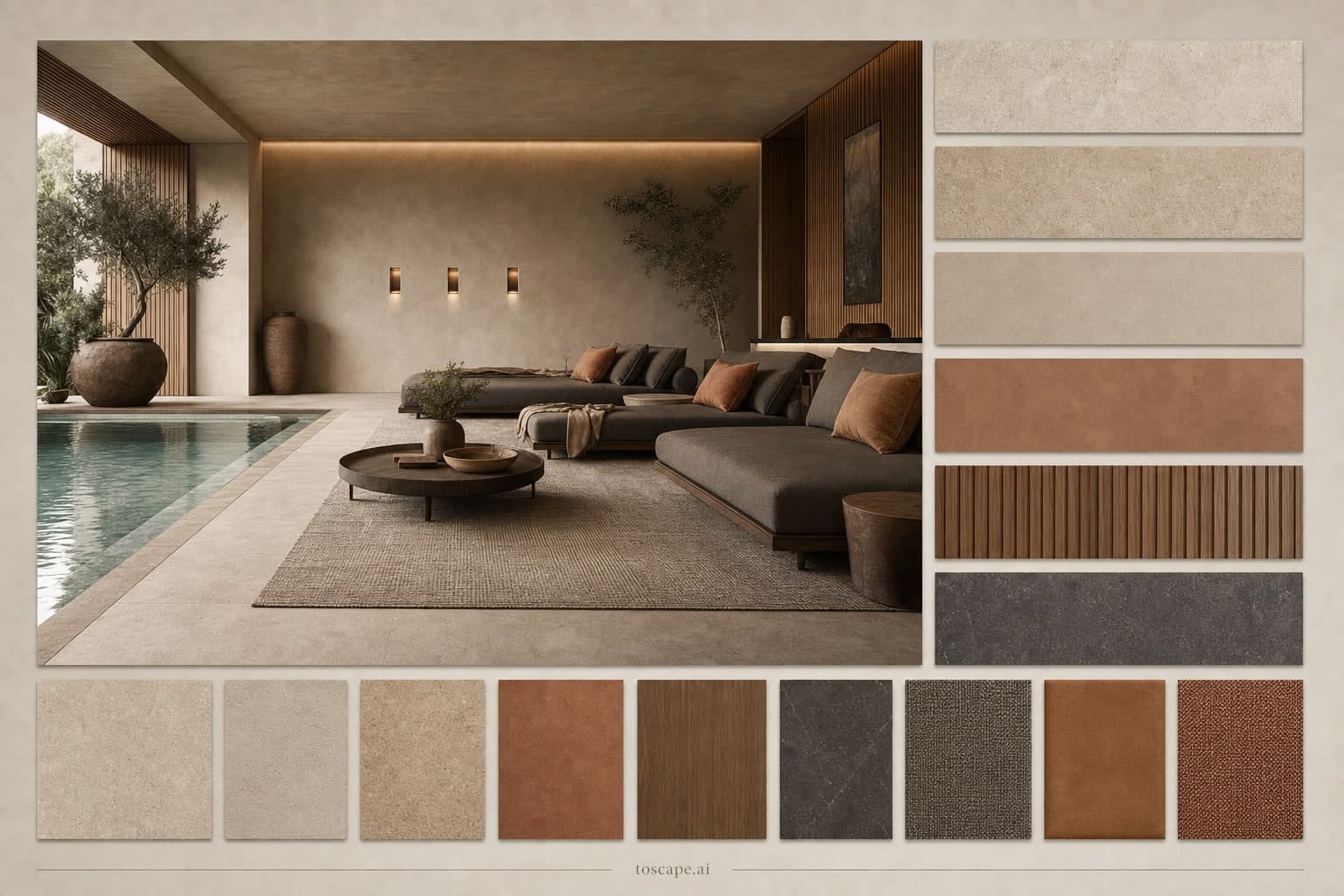 Modern Earth Organic Pool Lounge — Matte interior moodboard plate