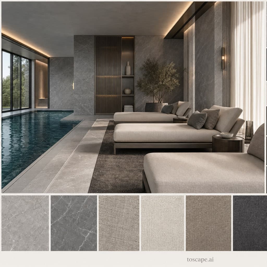 Modern Cool Neutral Pool Lounge — Brushed Metal interior moodboard card