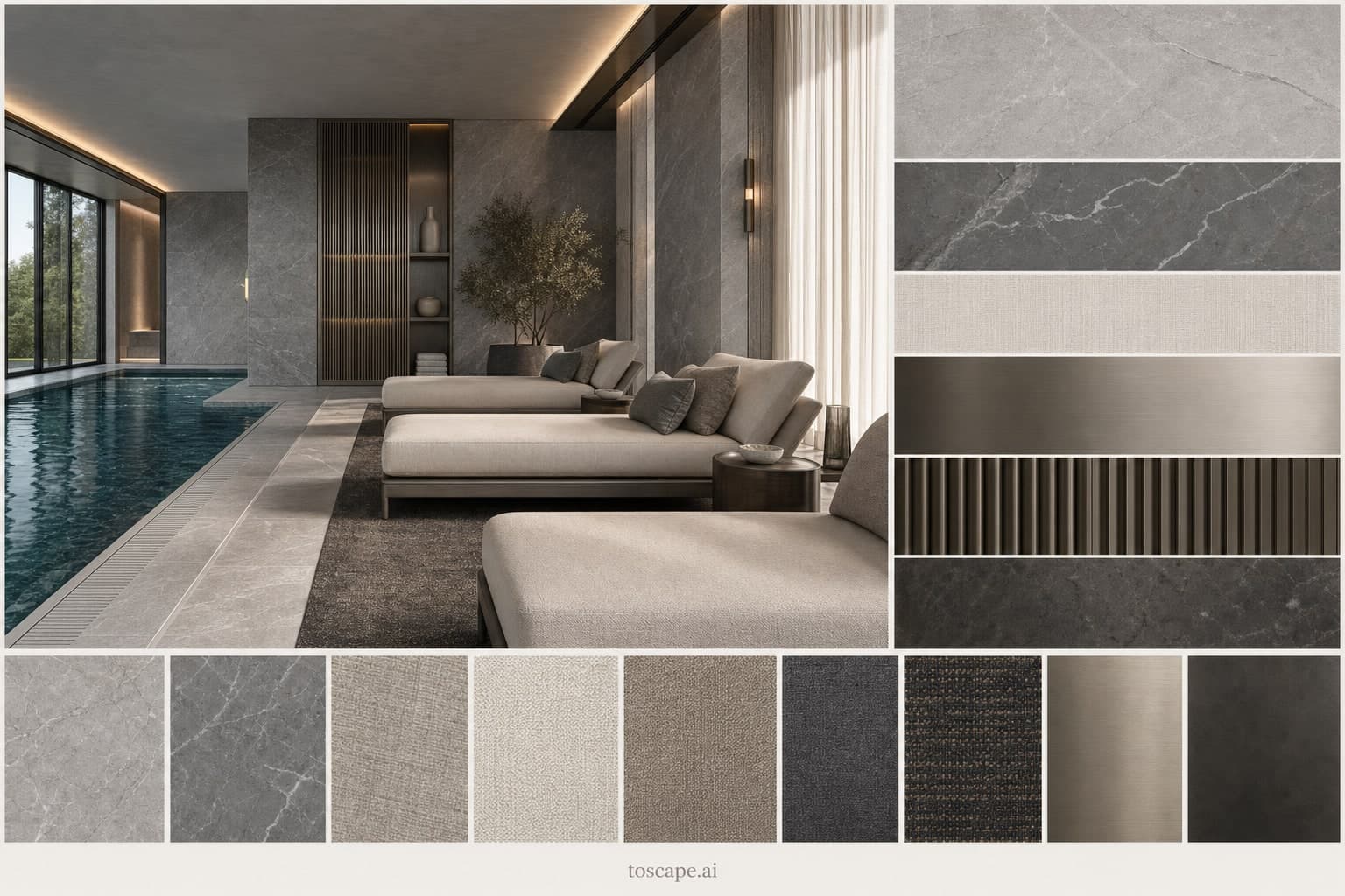Modern Cool Neutral Pool Lounge — Brushed Metal interior moodboard plate