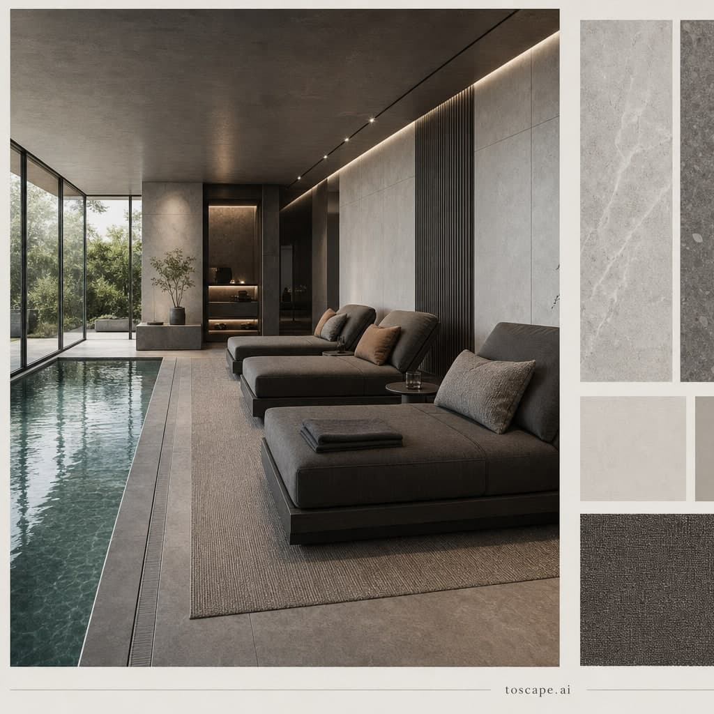 Modern Cool Neutral Pool Lounge — Matte interior moodboard card